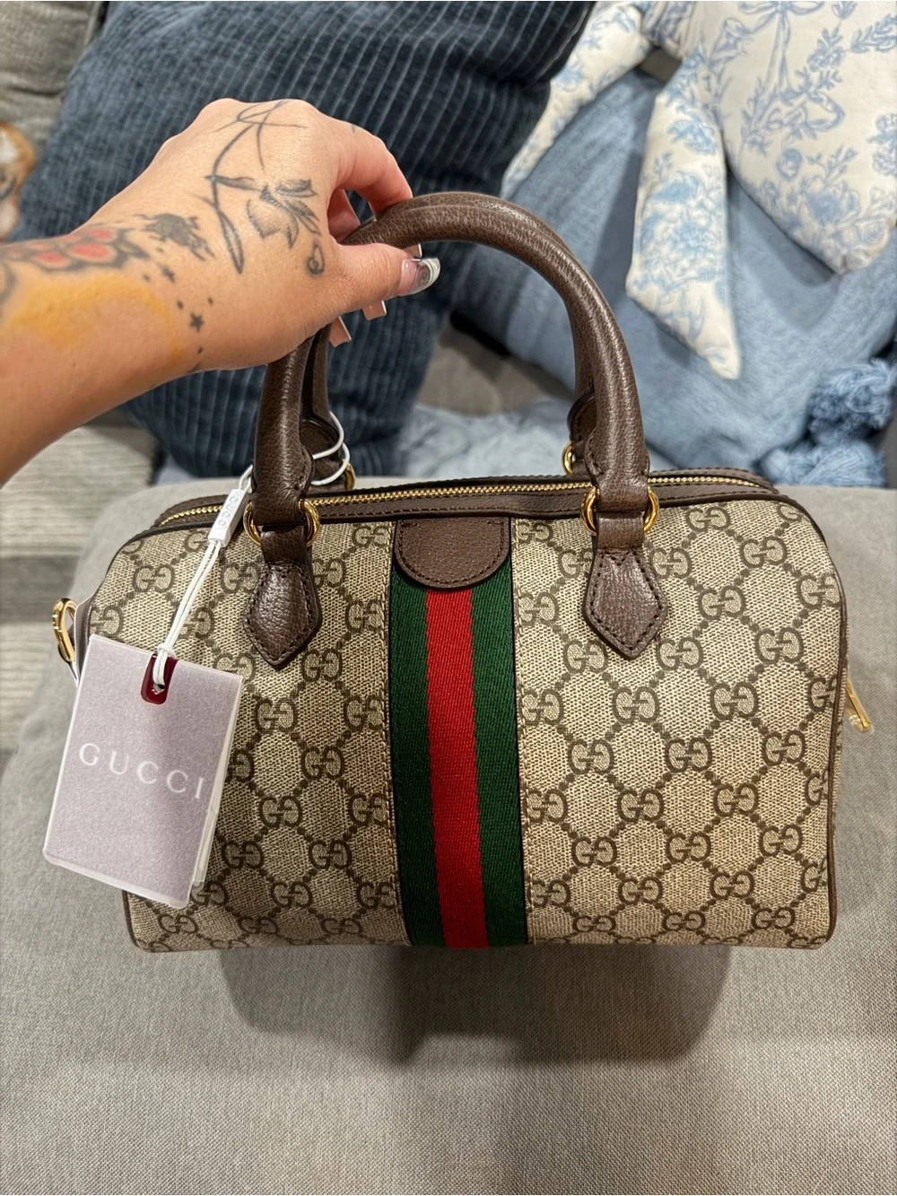 Gucci Brown GG Supreme Satchel with Green-Red Web Stripe